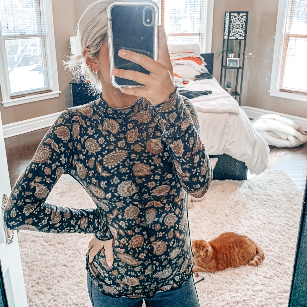 Free People Long Sleeve Paisley Tee in Black and Brown
